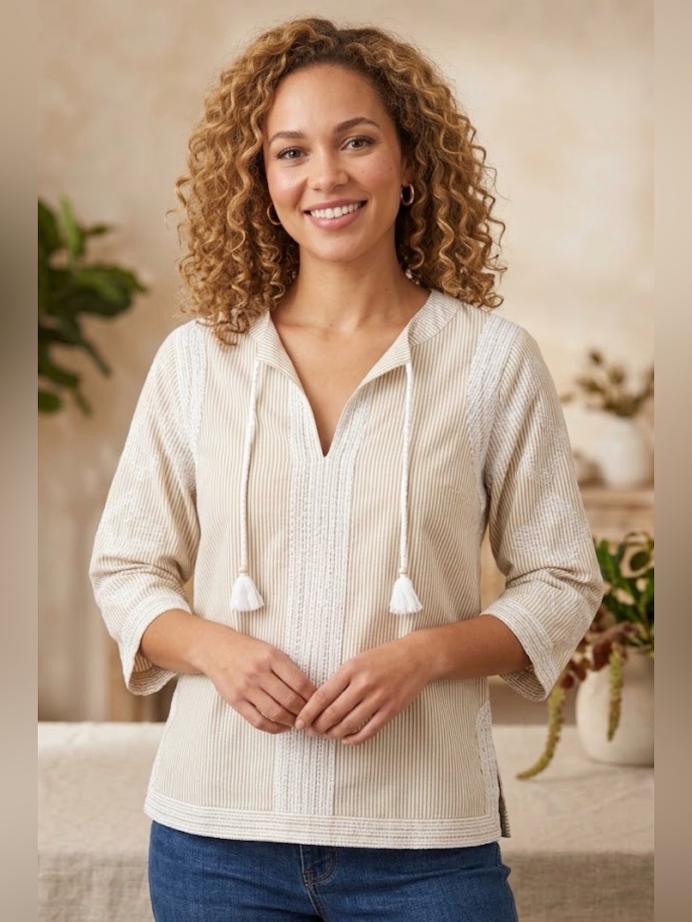 Gretchen Scott Neutral Striped Tassel Tunic 3/4 Sleeve Embroidered Top